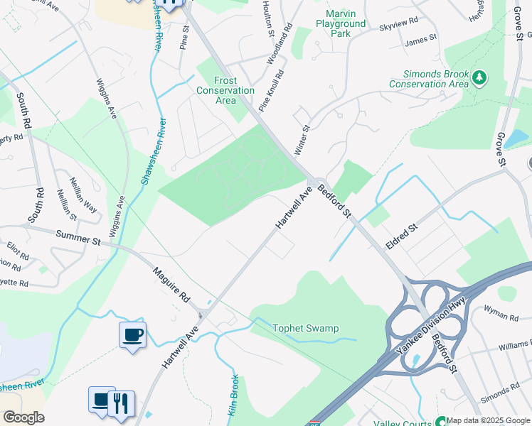 map of restaurants, bars, coffee shops, grocery stores, and more near 17 Hartwell Avenue in Lexington