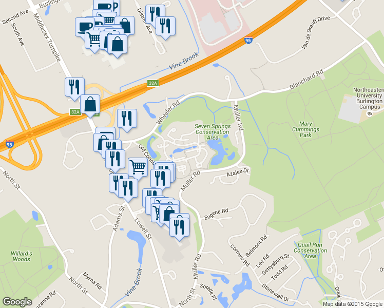 map of restaurants, bars, coffee shops, grocery stores, and more near 25 7 Springs Lane in Burlington