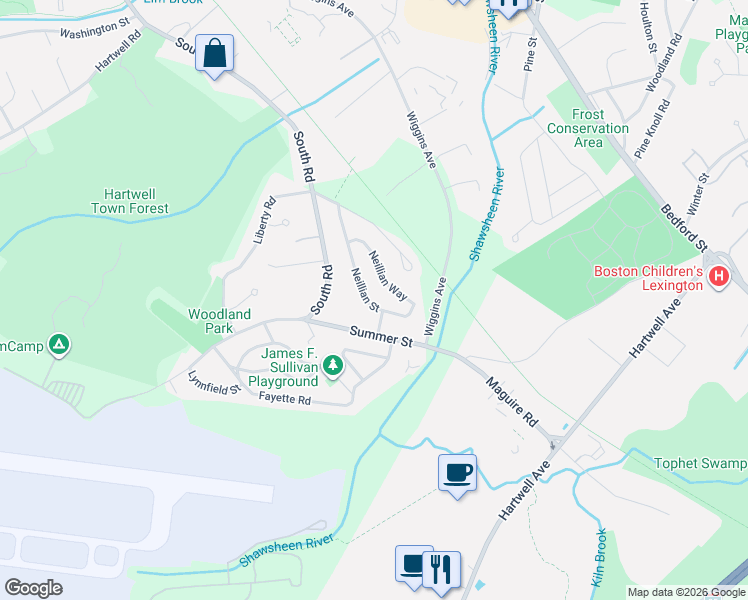 map of restaurants, bars, coffee shops, grocery stores, and more near 44 Neillian Street in Bedford