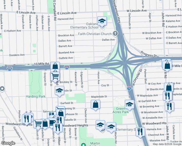 map of restaurants, bars, coffee shops, grocery stores, and more near 2110 East 10 Mile Road in Ferndale