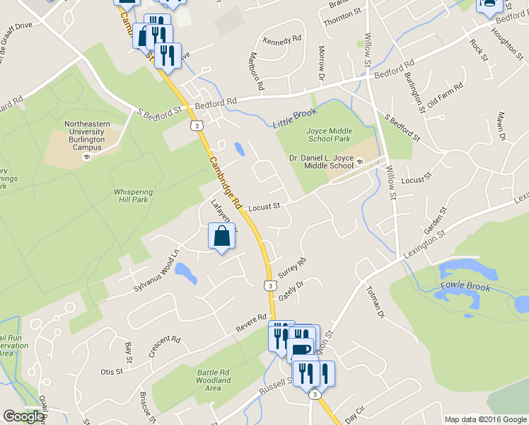 map of restaurants, bars, coffee shops, grocery stores, and more near 130 Locust Street in Woburn