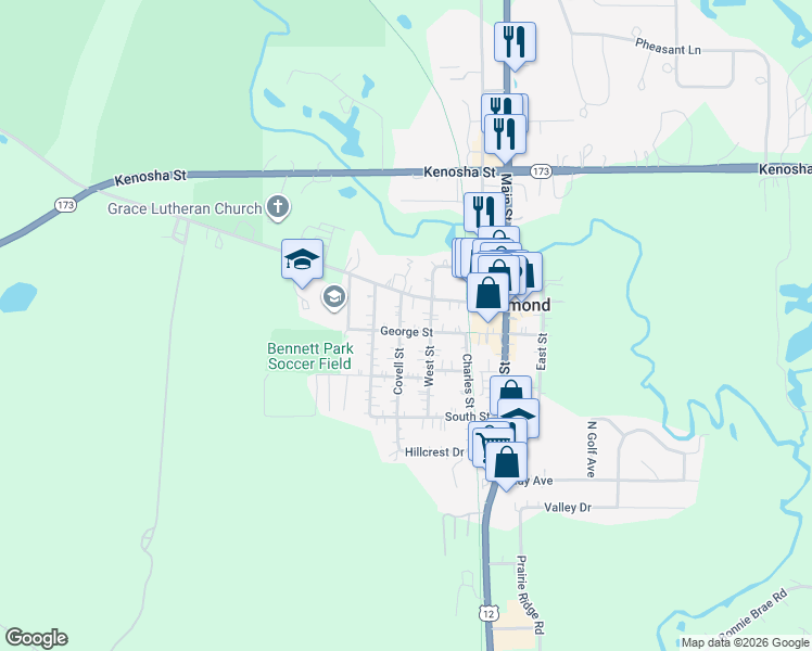 map of restaurants, bars, coffee shops, grocery stores, and more near 5724 George Street in Richmond