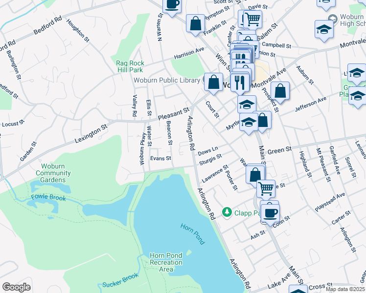 map of restaurants, bars, coffee shops, grocery stores, and more near 27 Arlington Road in Woburn