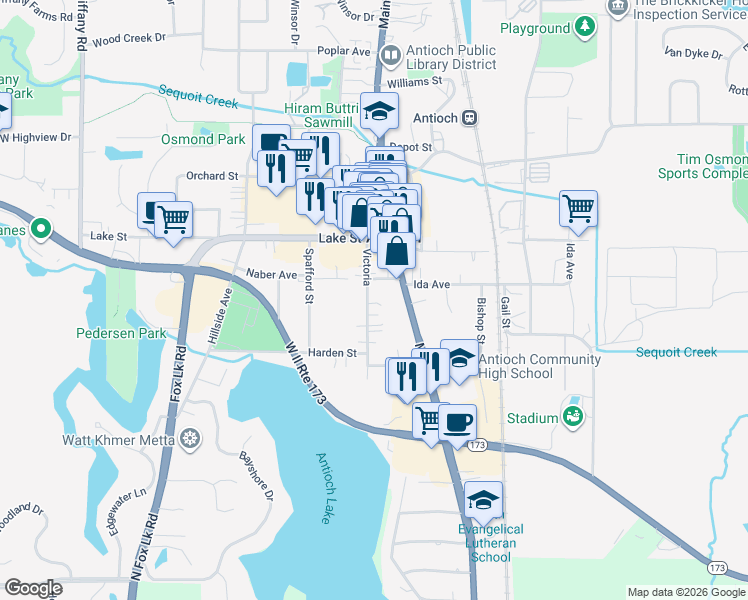map of restaurants, bars, coffee shops, grocery stores, and more near 999 Victoria in Antioch