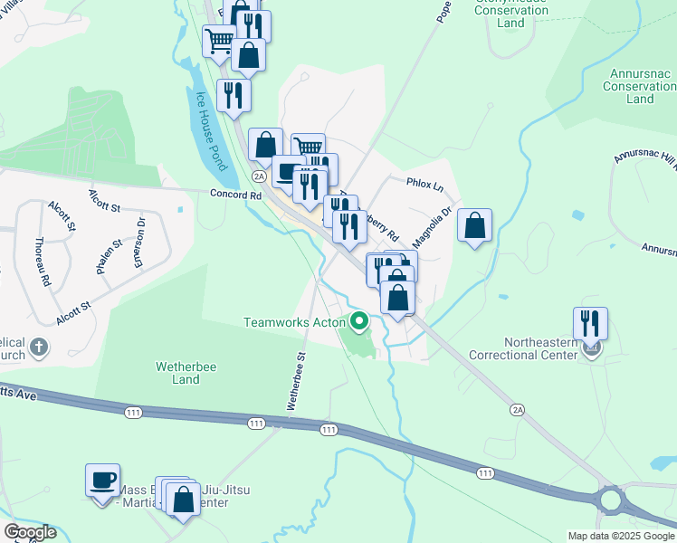 map of restaurants, bars, coffee shops, grocery stores, and more near 14 Wetherbee Street in Acton