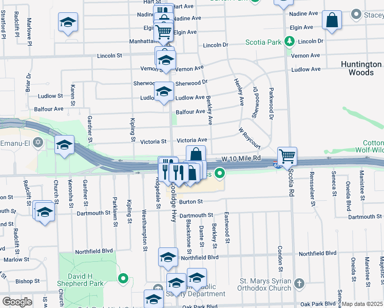 map of restaurants, bars, coffee shops, grocery stores, and more near 13340 Wales Avenue in Huntington Woods