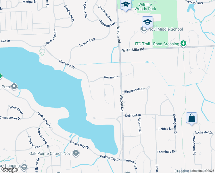 map of restaurants, bars, coffee shops, grocery stores, and more near 25620 Hillsdale Drive in Novi