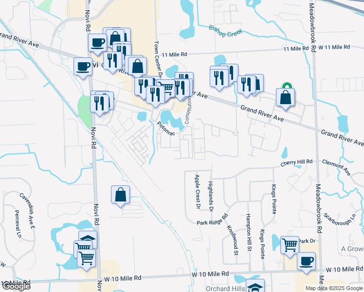 map of restaurants, bars, coffee shops, grocery stores, and more near 22 Congress in Novi