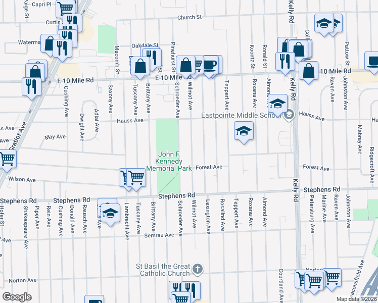 map of restaurants, bars, coffee shops, grocery stores, and more near 24584 Schroeder Avenue in Eastpointe