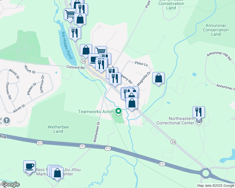 map of restaurants, bars, coffee shops, grocery stores, and more near 50 Great Road in Acton