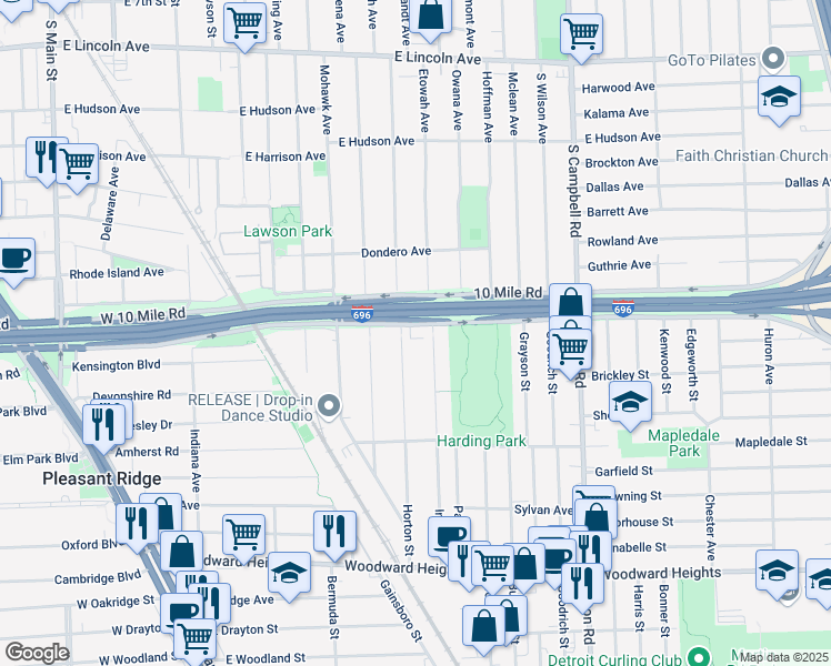 map of restaurants, bars, coffee shops, grocery stores, and more near 928 East 10 Mile Road in Ferndale
