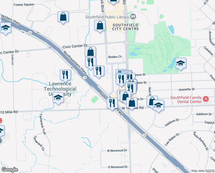 map of restaurants, bars, coffee shops, grocery stores, and more near 1000 Town Center in Southfield