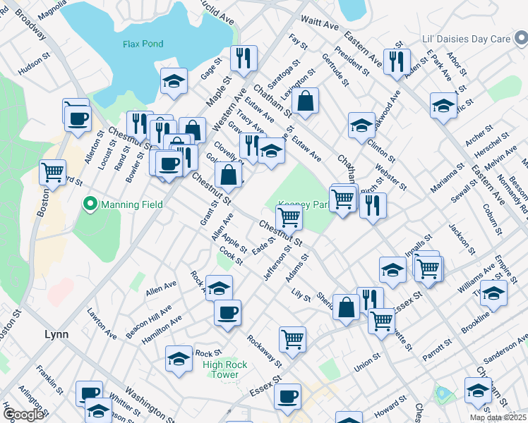 map of restaurants, bars, coffee shops, grocery stores, and more near 80 Memorial Park Avenue in Lynn