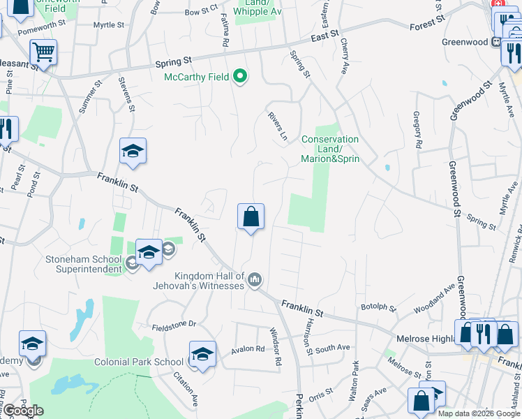 map of restaurants, bars, coffee shops, grocery stores, and more near 27 Ellen Road in Stoneham