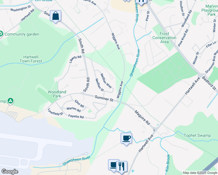 map of restaurants, bars, coffee shops, grocery stores, and more near 42 Neillian Way in Bedford