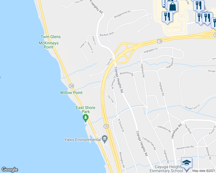 map of restaurants, bars, coffee shops, grocery stores, and more near 330 North Sunset Drive in Ithaca