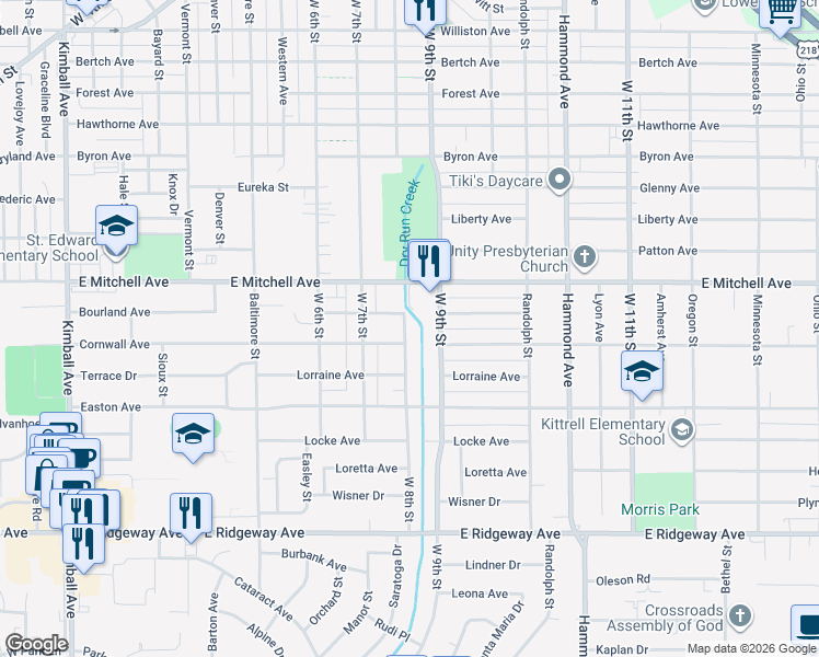 map of restaurants, bars, coffee shops, grocery stores, and more near 2100 West 9th Street in Waterloo