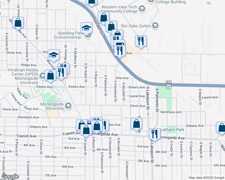 map of restaurants, bars, coffee shops, grocery stores, and more near 4200-4298 Peters Ave in Sioux City