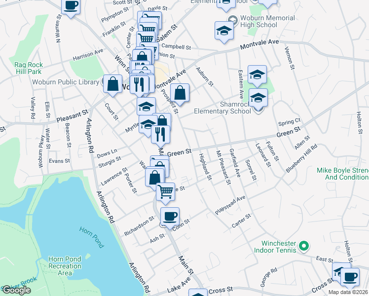 map of restaurants, bars, coffee shops, grocery stores, and more near 12 Green Street in Woburn