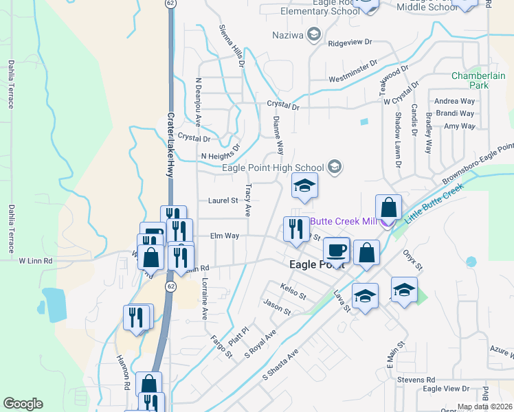 map of restaurants, bars, coffee shops, grocery stores, and more near 477 Laurel St in Eagle Point