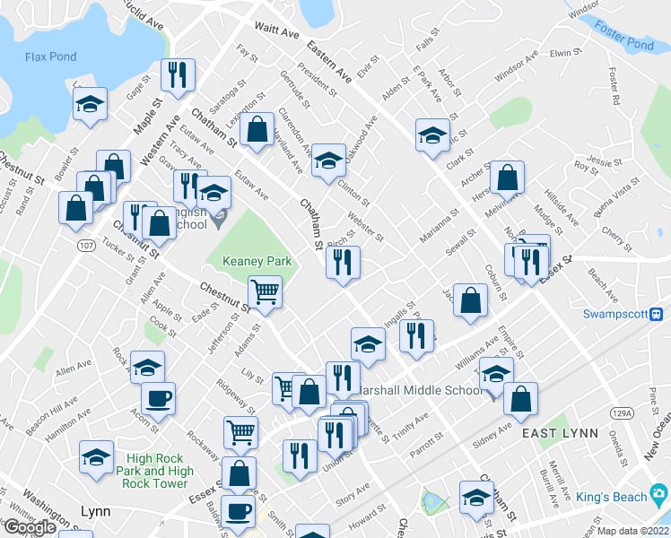 map of restaurants, bars, coffee shops, grocery stores, and more near 283 Chatham Street in Lynn