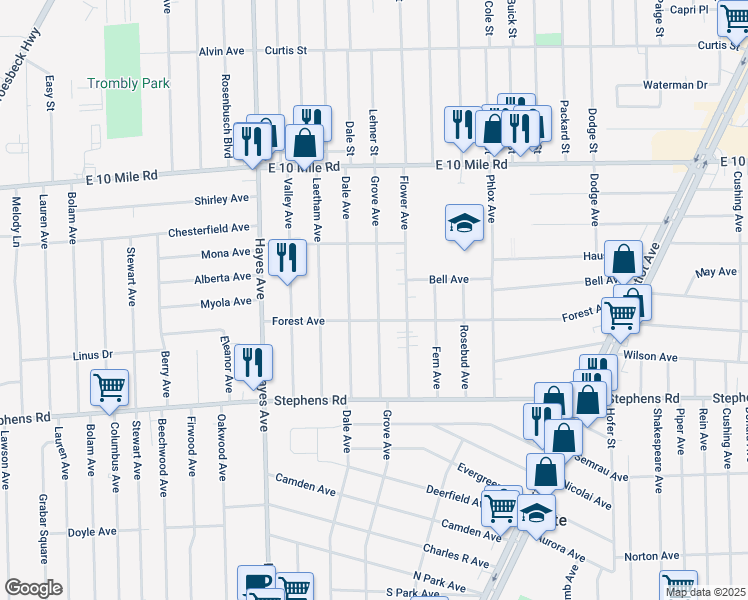 map of restaurants, bars, coffee shops, grocery stores, and more near 24555 Grove Avenue in Eastpointe