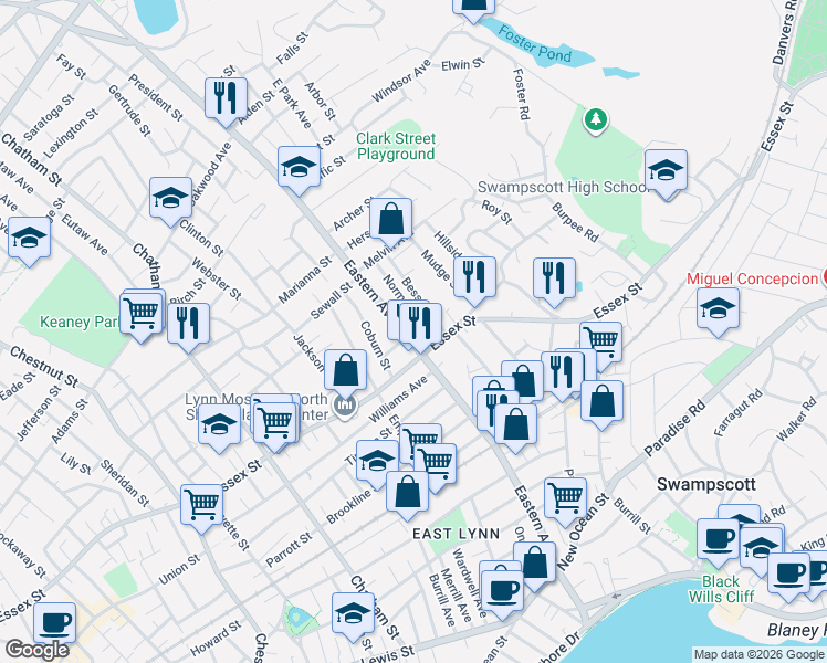 map of restaurants, bars, coffee shops, grocery stores, and more near 275 Eastern Avenue in Lynn