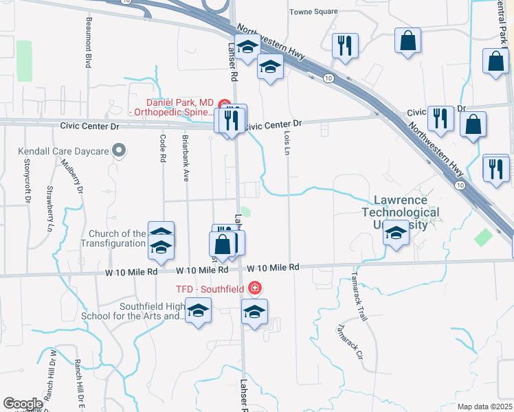 map of restaurants, bars, coffee shops, grocery stores, and more near 25300 Lahser Road in Southfield