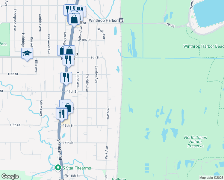 map of restaurants, bars, coffee shops, grocery stores, and more near 1045 Park Avenue in Winthrop Harbor