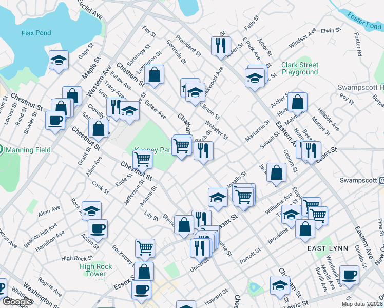 map of restaurants, bars, coffee shops, grocery stores, and more near 284 Chatham Street in Lynn