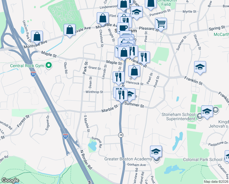 map of restaurants, bars, coffee shops, grocery stores, and more near 34 Warren Street in Stoneham