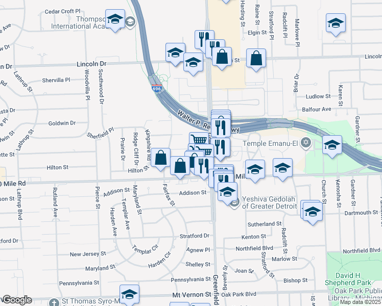 map of restaurants, bars, coffee shops, grocery stores, and more near 15601 Jeanette Street in Southfield