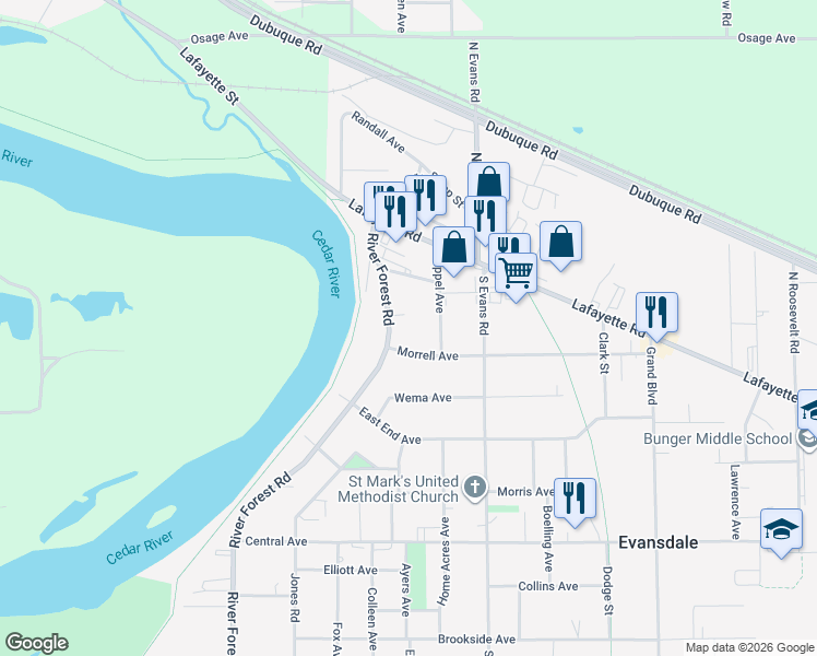 map of restaurants, bars, coffee shops, grocery stores, and more near 124 Forest Circle in Evansdale