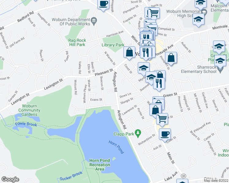 map of restaurants, bars, coffee shops, grocery stores, and more near 29 Arlington Road in Woburn