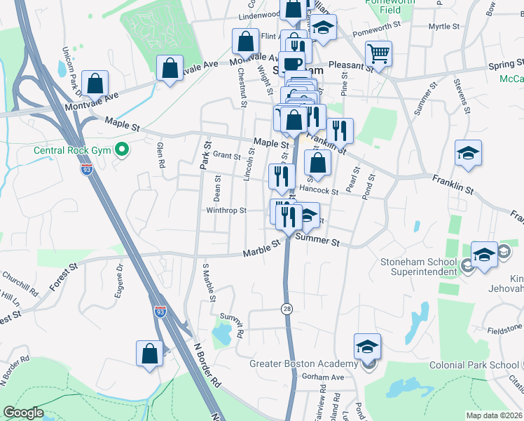 map of restaurants, bars, coffee shops, grocery stores, and more near 1 Winthrop Street in Stoneham