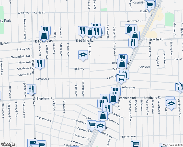 map of restaurants, bars, coffee shops, grocery stores, and more near 24553 Phlox Avenue in Eastpointe