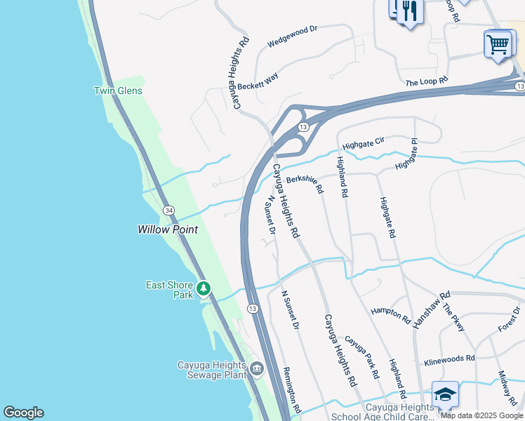 map of restaurants, bars, coffee shops, grocery stores, and more near 330 North Sunset Drive in Ithaca