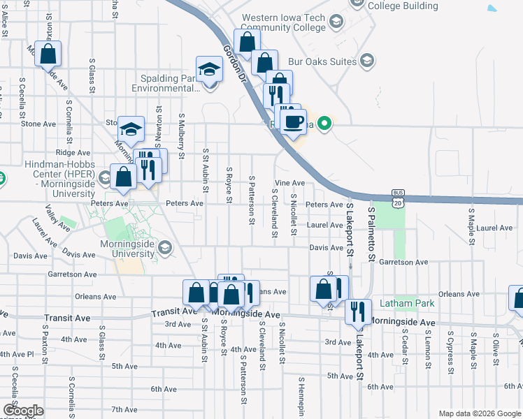 map of restaurants, bars, coffee shops, grocery stores, and more near 4200 Peters Avenue in Sioux City