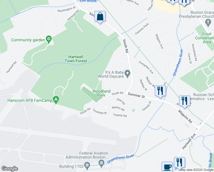 map of restaurants, bars, coffee shops, grocery stores, and more near 4 Meeting House Circle in Bedford