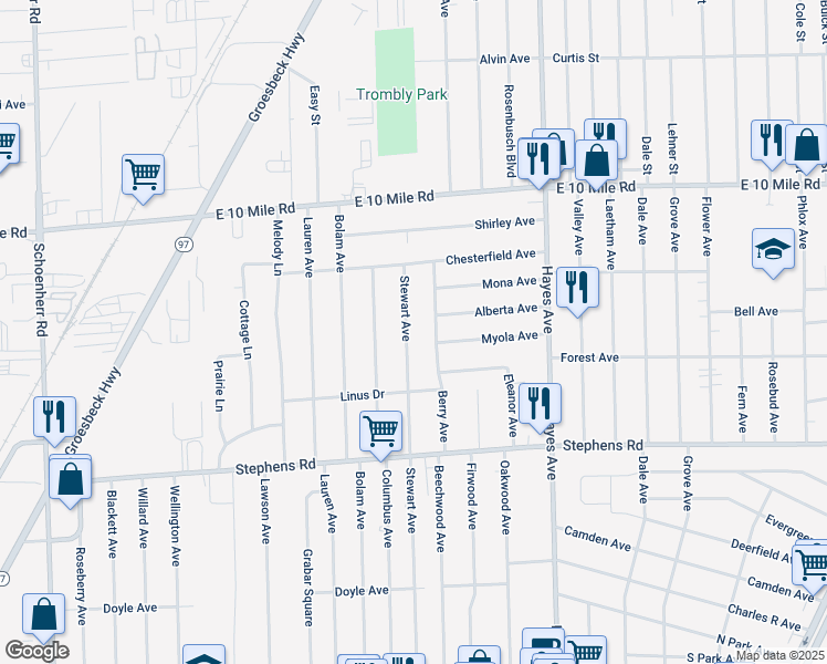 map of restaurants, bars, coffee shops, grocery stores, and more near 24518 Stewart Avenue in Warren