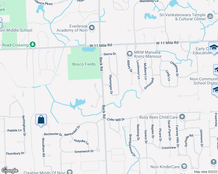map of restaurants, bars, coffee shops, grocery stores, and more near 25687 Glamorgan Drive in Novi