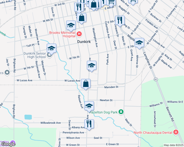 map of restaurants, bars, coffee shops, grocery stores, and more near 752 Central Avenue in Dunkirk