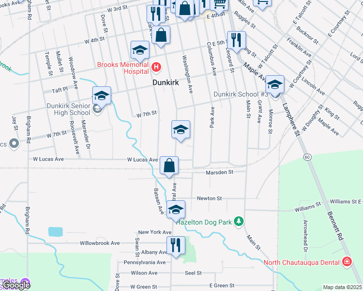 map of restaurants, bars, coffee shops, grocery stores, and more near 752 Central Avenue in Dunkirk
