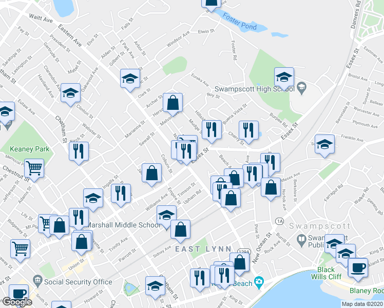 map of restaurants, bars, coffee shops, grocery stores, and more near in Lynn