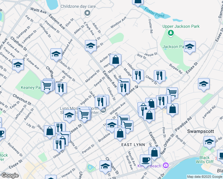 map of restaurants, bars, coffee shops, grocery stores, and more near 47 Coburn Street in Lynn