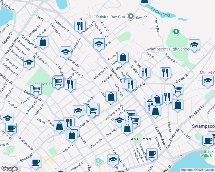 map of restaurants, bars, coffee shops, grocery stores, and more near 128 Empire Street in Lynn