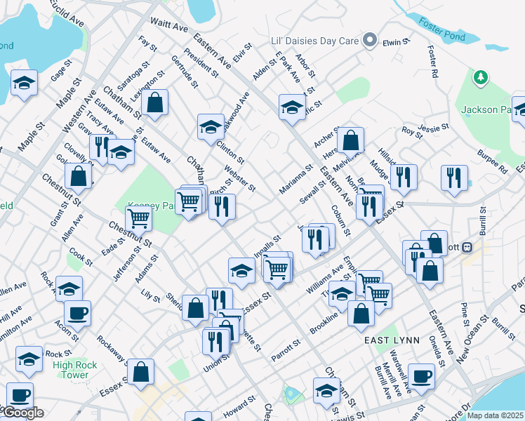 map of restaurants, bars, coffee shops, grocery stores, and more near 121 Marianna Street in Lynn