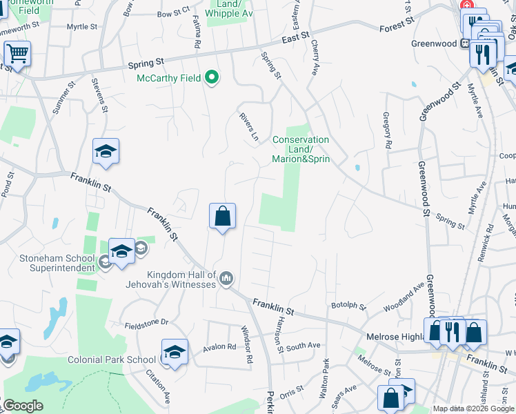 map of restaurants, bars, coffee shops, grocery stores, and more near 35 Walsh Avenue in Stoneham