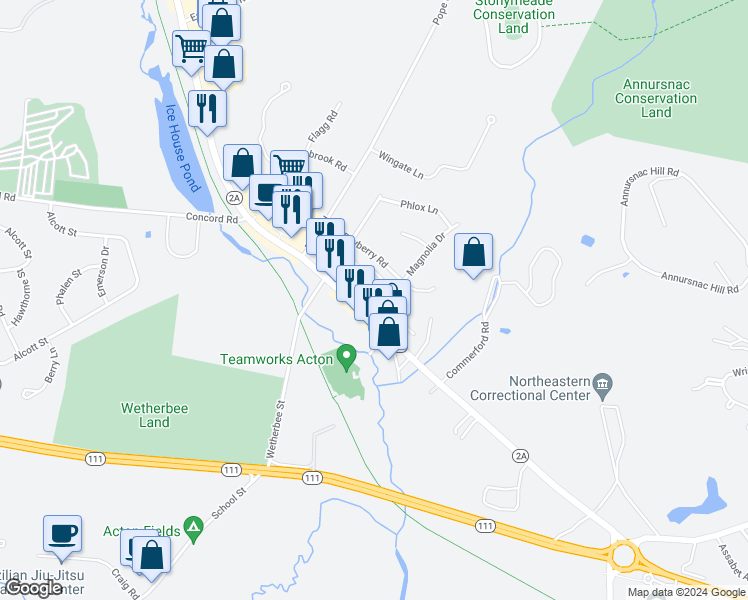 map of restaurants, bars, coffee shops, grocery stores, and more near 3 Iris Court in Acton