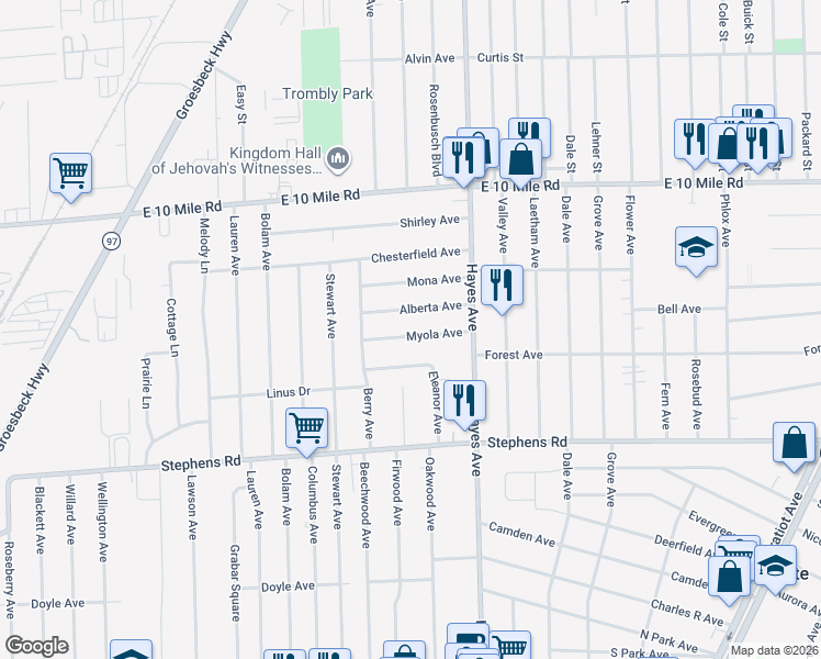 map of restaurants, bars, coffee shops, grocery stores, and more near 14865 Myola Avenue in Warren